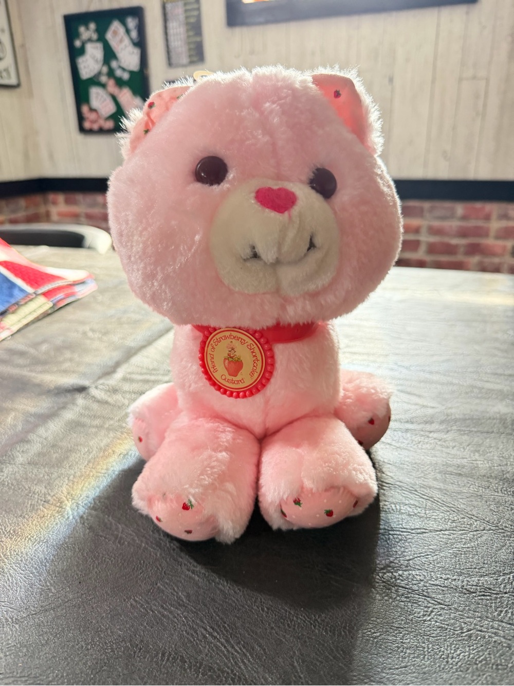 Pink Plush Strawberry shortcake Cat Custard with Heart Nose